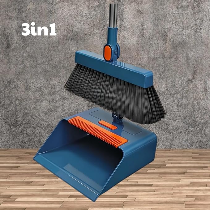 3in1 Broom and Dustpan Combo with Cleaning Teeth, Adjustable Long Handle, 180° Rotating Broom,Ideal for Pet Hair, Indoor Outdoor Heavy Duty Floor Sweeping (Blue)