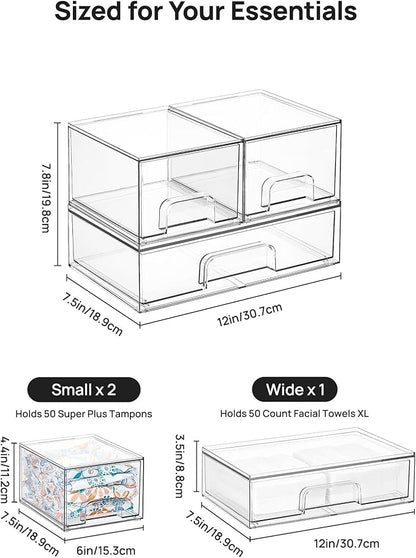 Vtopmart Stackable Storage Drawers Set of 3,Clear Plastic Organizer Bins for Makeup, Cosmetics, Beauty Supplies,Ideal for Vanity, Bathroom,Cabinet,Pantry Organization