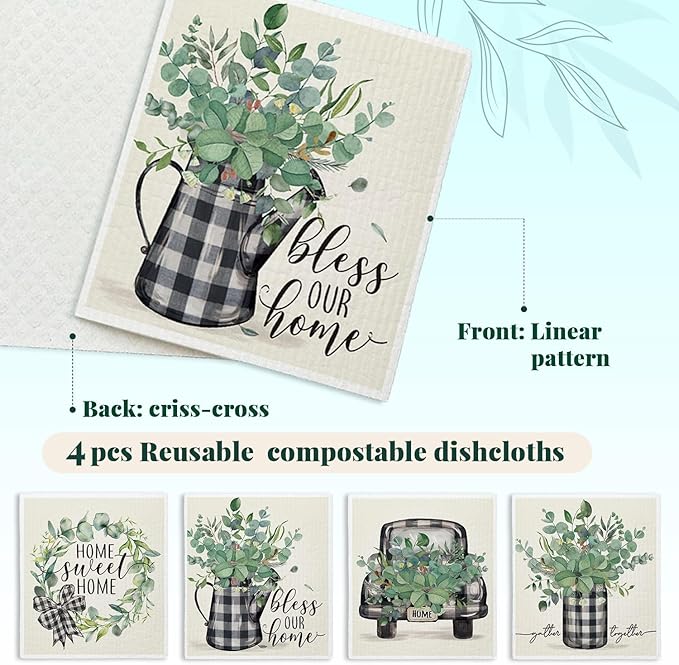 Bless This Home Swedish Dishcloths for Kitchen, Home Sweet Home, Swedish Dish Cloths for Home, Papaya Reusable Paper Towels, 4 Pack Dish Towels for Kitchen, Reusable Paper Towels Washable