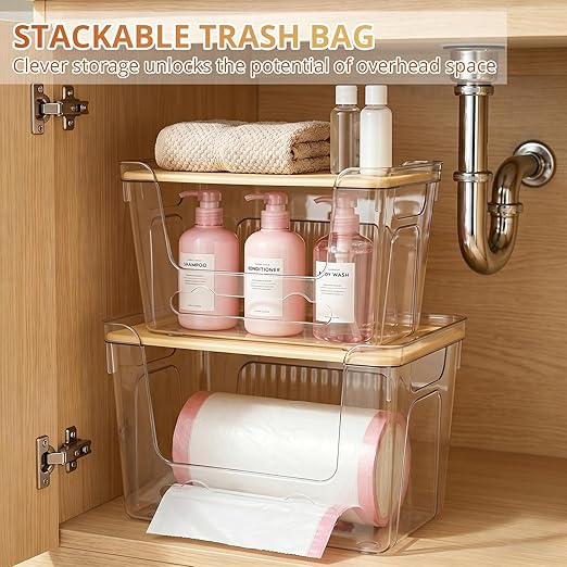 CANTAMI 2 Pack Trash Bag Dispenser with Lid, Plastic Stackable Trash Bag Holder, Clear Organizer Bins for Kitchen, Laundry Room, Under Sink Organization and Storage