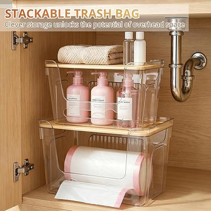 CANTAMI 2 Pack Trash Bag Dispenser with Lid, Plastic Stackable Trash Bag Holder, Clear Organizer Bins for Kitchen, Laundry Room, Under Sink Organization and Storage