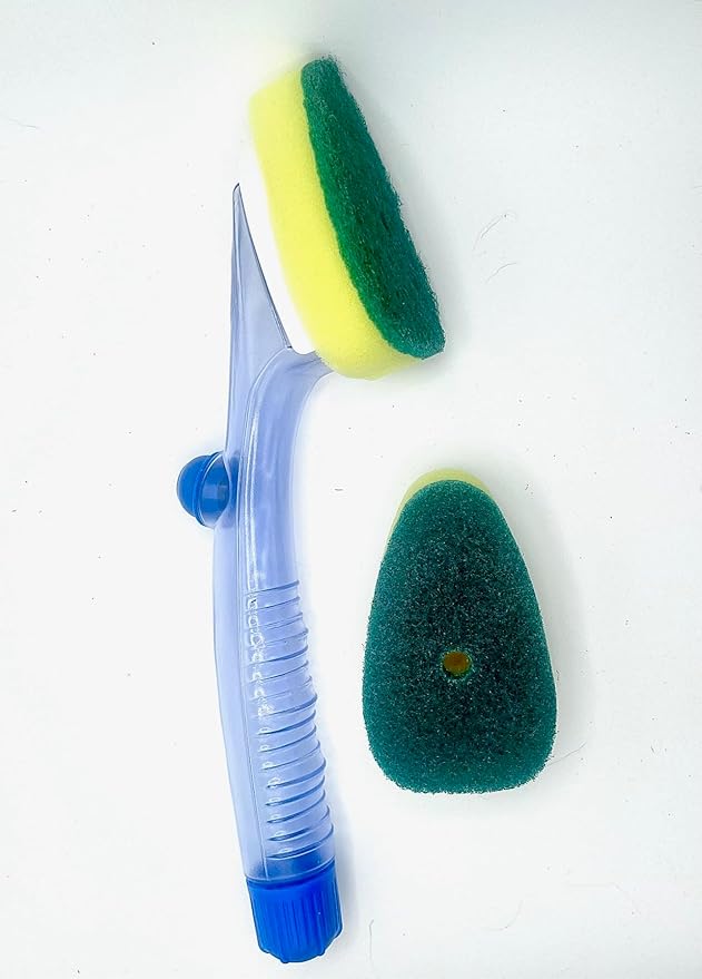 Dish Wand Soap Dispenser with 6 Refill Sponge Heads, Dish Brush Handle, Bottle Brush Scrubber, Heavy Duty, Leak Proof, Storage Clip