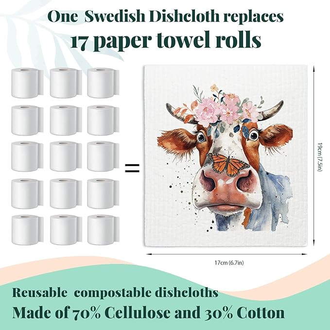 Cow Floral Cute Swedish Dishcloths for Kitchen, 4 Pack Cute Cow Gifts Swedish Dish Cloths Towels for Kitchen Bathroom Office Housewarming Gifts, Papaya Reusable Paper Towels Washable