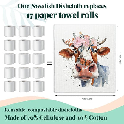 Cow Floral Cute Swedish Dishcloths for Kitchen, 4 Pack Cute Cow Gifts Swedish Dish Cloths Towels for Kitchen Bathroom Office Housewarming Gifts, Papaya Reusable Paper Towels Washable