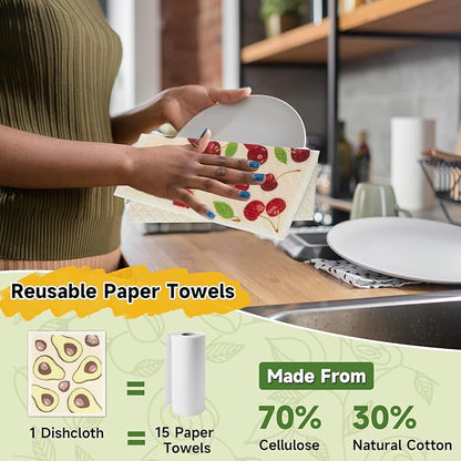 Polly Online Swedish Dishcloths for Kitchen,6 Pack Cloth Paper Towels Reusable Washable,Super Absorbent Dish Towels,No Odor,Biodegradable,Fruit Design