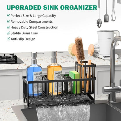 TomCare Extra Large 11'' Sink Caddy With Drain Tray Non-slip Kitchen Sink Organizer With 2 Adjustable Dividers High Brush Holder Rustproof Sponge Holder Kitchen Storage Accessories for Counter