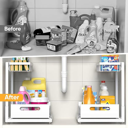 Saydear Under Sink Organizer Storage 2-Tier Premium Metal Pull-Out Kitchen Cabinet Organizer with Sliding Drawer, Height Adjustable, Heavy Duty for Kitchen & Bathroom Organizers 2 Pack White