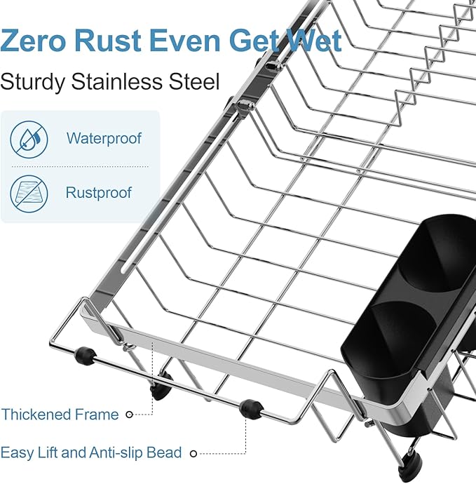GSlife Expandable Over the Sink Dish Drying Rack with Cup Holder - Stainless Steel Dish Drainer with Locking Knob, Size Adjustable Dryer Strainer for Kitchen, Fit Sink 10.8"-17.9" L, Silver