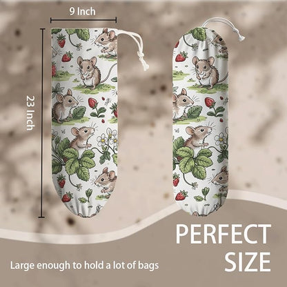 Rats Strawberry Plastic Bag Holder, Reusable Washable Shopping Bags Storage Carrier, Fabric Garbage Trash Bag Dispenser for Home Kitchen Pantry Cabinet, Wall Mount, Kitchen Housewarming Gifts