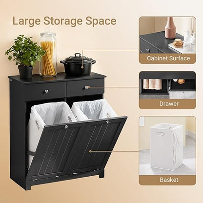Double Tilt Out Trash Can Cabinet – Hidden Wooden Kitchen Trash Bin Cabinet with 2x10 Gallon Garbage Can, Pet Proof Tilt Out Garbage Holder, Storage Cabinet for Trash in Kitchens, Black, BZR33