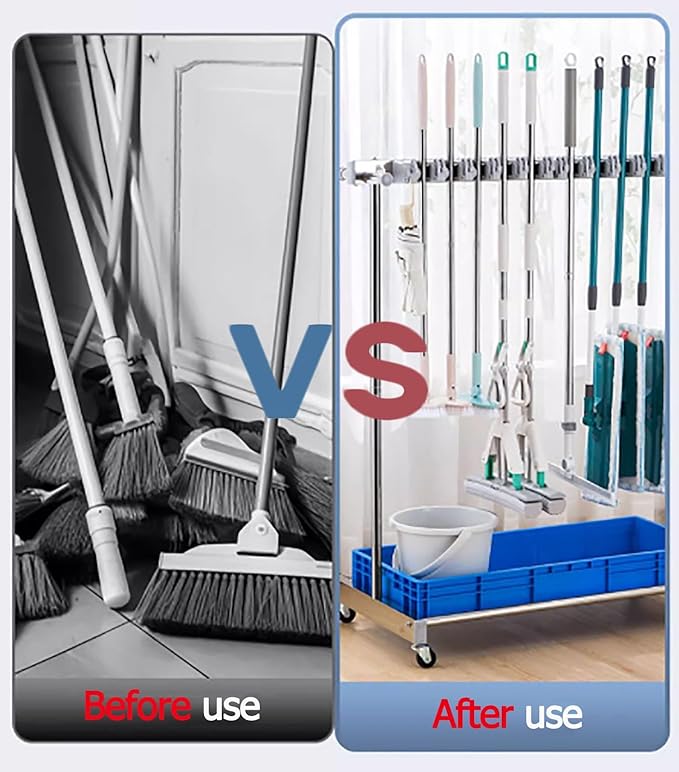 Mop Holder Rack with Rolling Wheels, Industrial Steel Freestanding Broom Storage Utility Cart, Home/Garage/Garden Tool Organizer, Heavy-Duty, Supports up to 220lbs