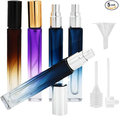 MVVM Refillable Mini Perfume Travel Bottle Set, 5PCS 10ML Glass Mini Perfume Travel Refillable Bottle, Carry On Approved Portable Atomizer Sprayer For Perfumes Kit with Funnel