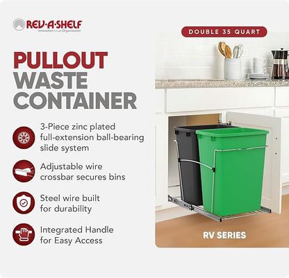Rev-A-Shelf Double 35 Qt Pullout Trash Can for Base Kitchen Cabinets, Garbage Waste & Recycling Bin System with Full Extension Slides, Min Opening Width of 14.5", Green/Black, RV-18KD-1918C-S