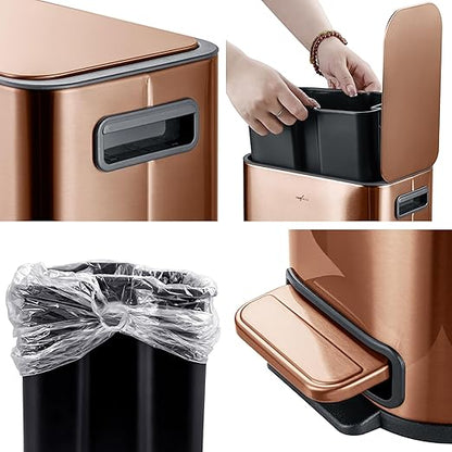 RED FACTOR Slim Small 1.3 Gallon Stainless Steel Pedal Trash Can with Soft Close Lid for Narrow Spaces – Wastebasket Bin with Removable Inner Bucket for Bathroom, Kitchen, Bedroom, or Office (Copper)