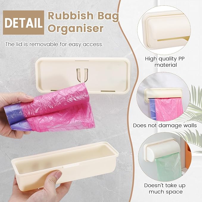 2 PCS Wall Mount Trash Bag Dispenser Roll Holder, Kitchen Garbage Bag Storage Box Roll Holder, Plastic Bag Holder Organizer Under Sink (Beige)