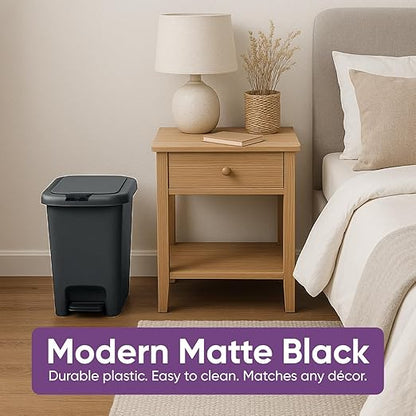 Superio 6.5L, 10L and 45L Slim Step & Push Trash Cans - 3 Pack, Dual Opening, Smooth Matte Finish, Durable Plastic - Black