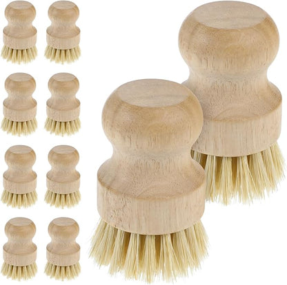 COMNICO 10 Pcs Bamboo Dish Scrub Brush Set, Mini Natural Wooden Scrubbers Set Round Dish Brush Vegetable Durable Scrubber Cleaning Kit for Cleaning Pot Pan Sink