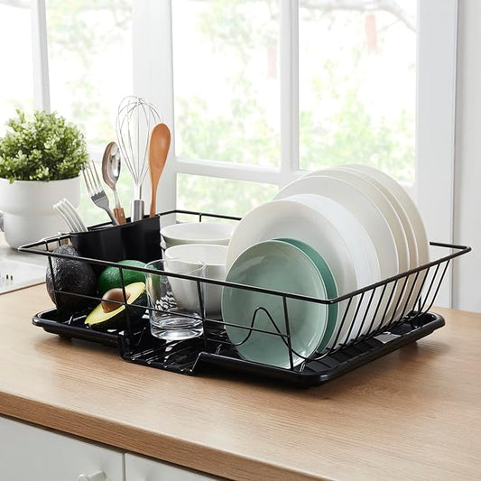 3-Piece Dish Drying Rack Set – Compact Dish Drainer with Removable Utensil Holder & Drainboard for Kitchen Sink or Countertop – Rust-Resistant, Space-Saving Dish Rack for Small Spaces, Apartments, RVs