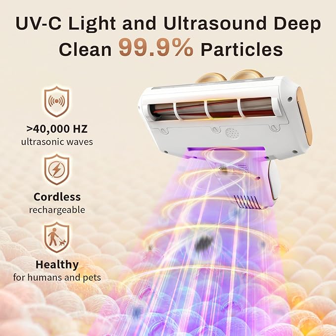 Cordless Mattress Vacuum Cleaner, 16Kpa Bed Vacuum Cleaner with 253.7nm UV-C Light & Ultrasonic Tech, HEPA Filter, Portable Handheld Vacuum for Bed Sofa Couch Crib & Pet Hair(Pearl White)