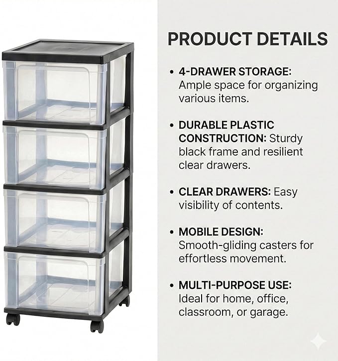 4-Drawer Narrow Storage Cart with Wheels - 32.5" Tall Slim Rolling Plastic Drawer Organizer Tower for Bathroom, Laundry Room, Kitchen & Office - Mobile Utility Unit with Clear Bins (Black)