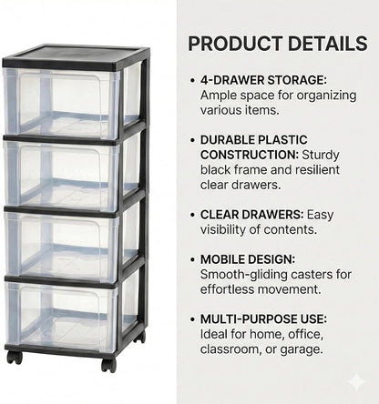 4-Drawer Narrow Storage Cart with Wheels - 32.5" Tall Slim Rolling Plastic Drawer Organizer Tower for Bathroom, Laundry Room, Kitchen & Office - Mobile Utility Unit with Clear Bins (Black)