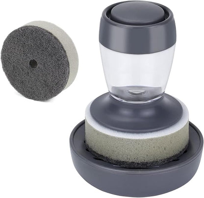 DAPOWER Dish Brush with Soap Dispenser, Kitchen Scrub Brush for Dishes Pots Pans Sink Cleaning, Scrub Sponge Dish Scrubber with Holder Set (Grey Handle & Scrub Sponge)