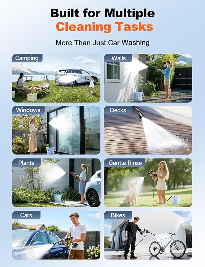 Portable Cordless Washer, Handheld Car Cleaning Kit with Brushless Motor, 6-in-1 Nozzle and 32 FT Detachable Hose for Cars, Garden and Patio Cleaning