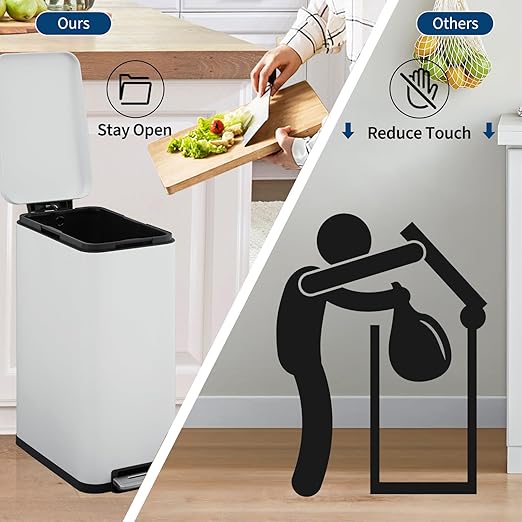 13-Gallon Kitchen Trash Can, 50-Liter Slim Stainless Steel Pedal Trash Bin, Pedal Trash Can with Soft-Close Lid, Fingerprint-Resistant, with Removable Inner Bucket, Suitable for Small Spaces, White