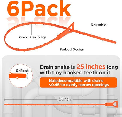 Forlivese 25 Inch Drain Snake, 6 Pack Drain Clog Remover,Sink Snake for Sewer Kitchen Sink Bathroom Tub Toilet Clogged Drains Relief Cleaning Tool