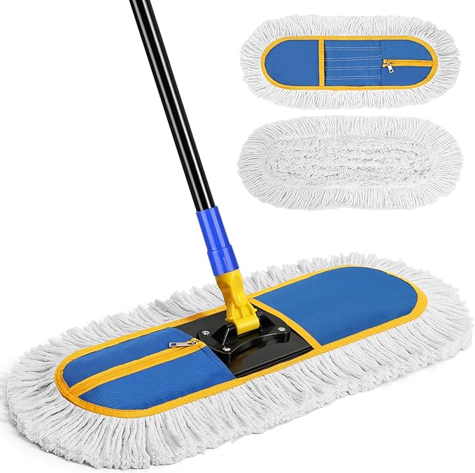 Commercial Dust Mop for Floor Cleaning - Industrial Wet Dry Broom with 2 Washable Mops Pads for Hardwood Vinyl Laminate Floors Warehouse Courtyard Cleaning,16 Inch,Blue