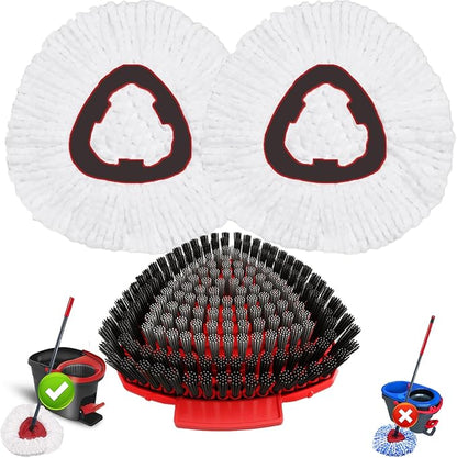 Fatmass Spin Mop Head Replacement for O Cedar EasyWring 1-Tank System, 2 Mop Replace Heads + 1 Upgrade Scrubber Brush, 100% Microfiber Mop Refills Deep Cleaning Machine Washable