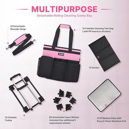 JKAOO Large Rolling Cleaning Caddy Bag with Detachable Trolley, Waterproof Cleaning Caddy on Wheels for Housekeepers, Cleaning Cart Supplies Organizer for Home,Car,Office,Picnic (Pink) (in Patent)