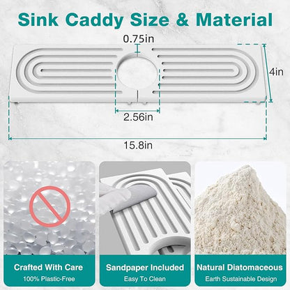 DK177 Faucet Mat for Kitchen Sink - Water Absorbing Stone Tray for Sink, Painted Wood Fast-Drying Faucet Mat, Faucet Splash Guard for Bathroom Counter (White, 15.8" x 4")