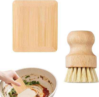 Bamboo Dish Scrub Brush with Bamboo Pan Scraper, Sisal Round Brush, Kitchen Cleaning Tools for Kitchen Pots, Bowls, Plates, Cutting Boards and Vegetables Cleaning Without Scratching