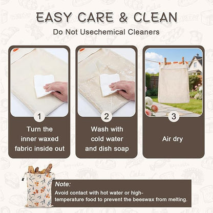 4 Pack Beeswax Bread Bags, Reusable Bread Bag for Homemade Sourdough Bread, 16.5 X 12.6 Inch Beeswax-Lined Linen Storage Bags With Zipper & 2pcs Beeswax Wraps for Food, Pastry, Baking Storage