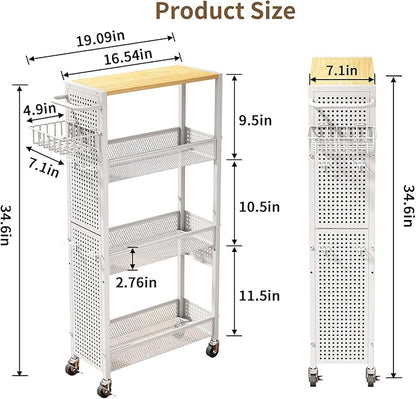 Slim Storage Rolling Cart: 4-Tier Narrow Metal & Wood Utility Cart with Wheels for Kitchen/Laundry/Bathroom(White)