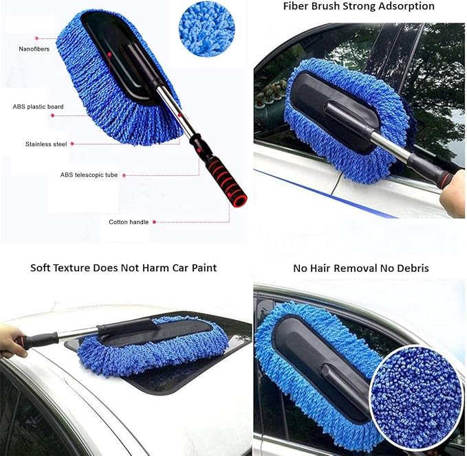Removable Telescopic Car Wax Drag Nano Fiber Car Wash Brush Car Dusting Tool Car Mop Wax Dash Duster Exterior Interior Cleaning Kit (Premium Car Duster & Dash Duster 2 Pcs Set, Blue)
