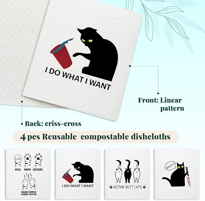 Cat Cute Swedish Dishcloths for Kitchen, Cat Dish Towels, Papaya Reusable Paper Towels, 4 Pack Dish Towels for Kitchen, Swedish Dish Cloths, Reusable Paper Towels Washable