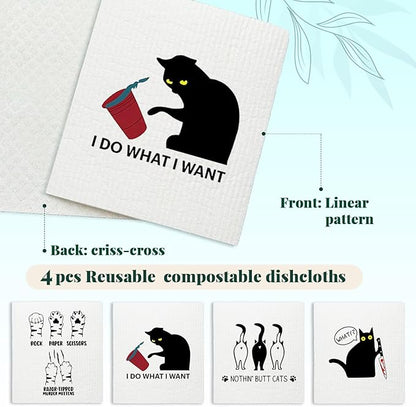 Cat Cute Swedish Dishcloths for Kitchen, Cat Dish Towels, Papaya Reusable Paper Towels, 4 Pack Dish Towels for Kitchen, Swedish Dish Cloths, Reusable Paper Towels Washable