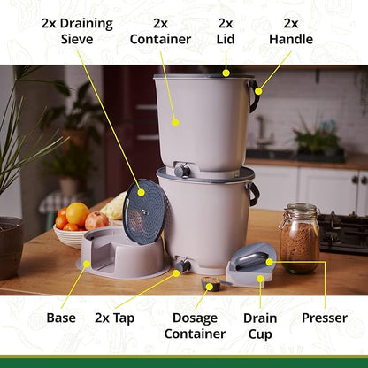 TeraGanix Bokashi Compost Starter Kit, Essential Set + Base, Indoor Composting, 2X 15.3L (4 gal) Bins, Collect & Ferment Waste, Airtight, No Pests or Odors, Bokashi Rice Bran Included, (Grey)