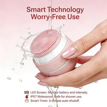 Electric Face Scrubber & Silicone Facial Cleansing Brush - Waterproof Sonic Face Brush Exfoliator with LED Screen, 3 Beauty Light Modes, Rechargeable Face Wash Brush for Deep Cleaning & Massage-Pink