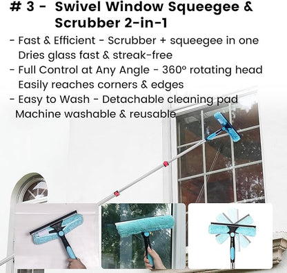 Ceiling Fan Duster Kit - 5-in-1 Cobweb Feather Duster & Squeegee Heads - Washable Bendable Microfiber - Fits Standard 3/4" Pole, Blue