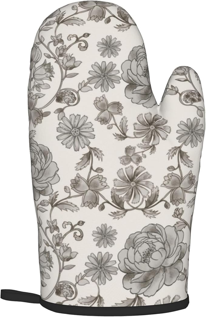 Vintage Flowers Oven Mitts and Pot Holders Sets Boho Kitchen Gloves White Grey Floral Hot Pads Cute Baker Stuff Chef Cooking Baking Gifts for Women