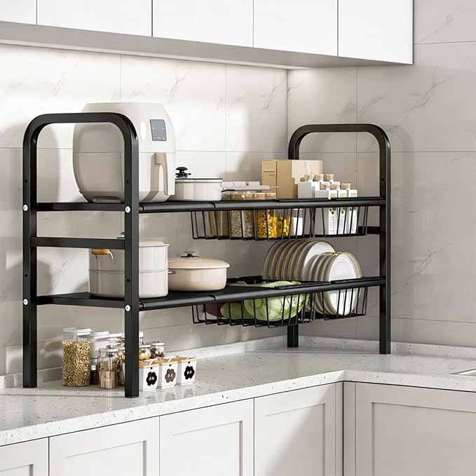 Expandable Under Sink Organizer 26.8 to 35.8 Inches Wide, 2 Tier Carbon Steel Storage Rack for Double Sink Cabinet, P-Trap and Garbage Disposal Friendly, No Tools Required (White)