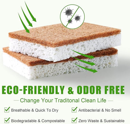 PANYEE Biodegradable Natural Kitchen Sponge，Eco Friendly Sponges for Dishes,Compostable Cellulose Sponge with Natural Plant Based Coconut Walnut Sustainable Scrubber Pack of 12