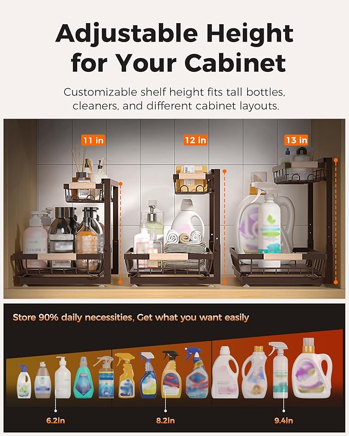 Sevenblue 3 Pack Under Sink Organizer, Multi-Purpose 2 Tier Pull-Out Metal Under Kitchen Sink Organizer, Height Adjustable Storage Shelves for Kitchen Bathroom Cabinet