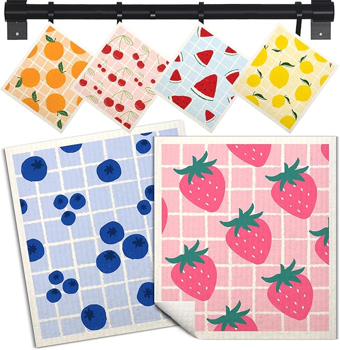 Swedish Dishcloths for Kitchen | 6 Pack Floral Reusable Paper Towels Washable | Swedish Dish Towels | Non-Scratch Cellulose Sponge Cloths | No Odor, Biodegradable Cleaning Cloths, Fruits