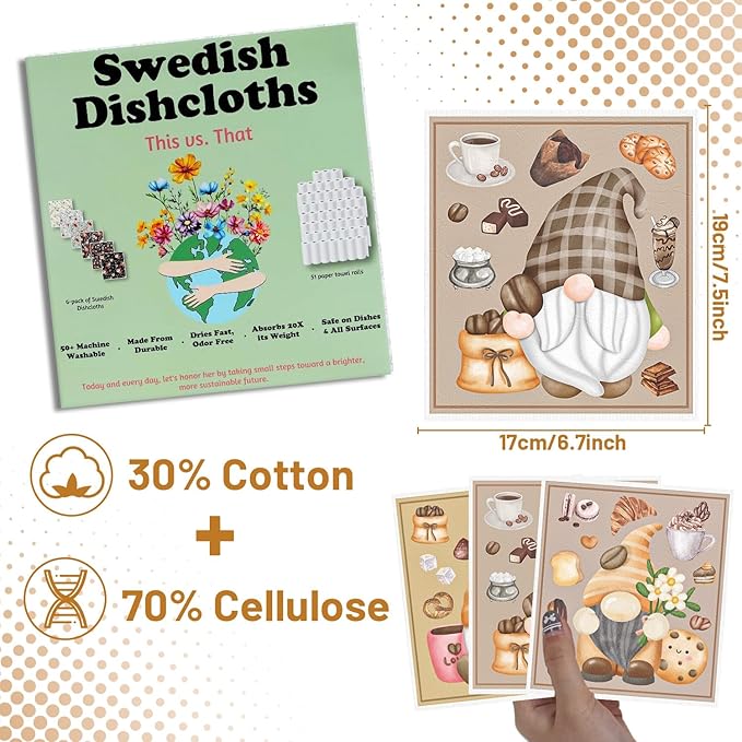Coffee Gnome Swedish Dishcloths for Kitchen - 6PCS Gnome Swedish Cloths for Washing Dishes, Reusable Coffee Themed Dish Towels, Washable Cleaning Sponge for Home Party Cleaning Fast Drying
