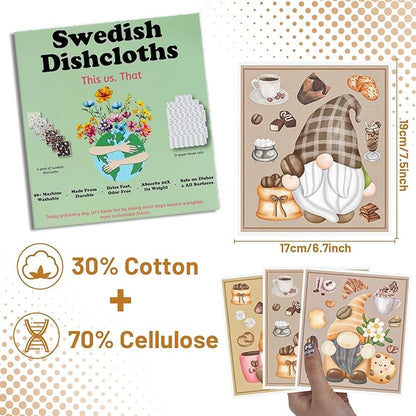 Coffee Gnome Swedish Dishcloths for Kitchen - 6PCS Gnome Swedish Cloths for Washing Dishes, Reusable Coffee Themed Dish Towels, Washable Cleaning Sponge for Home Party Cleaning Fast Drying
