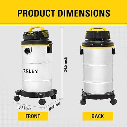 STANLEY Shop Vacuum Wet/Dry, 5 Gallon, 4 Horsepower, Stainless Steel Wet/Dry Vac Silver+Yellow+Black
